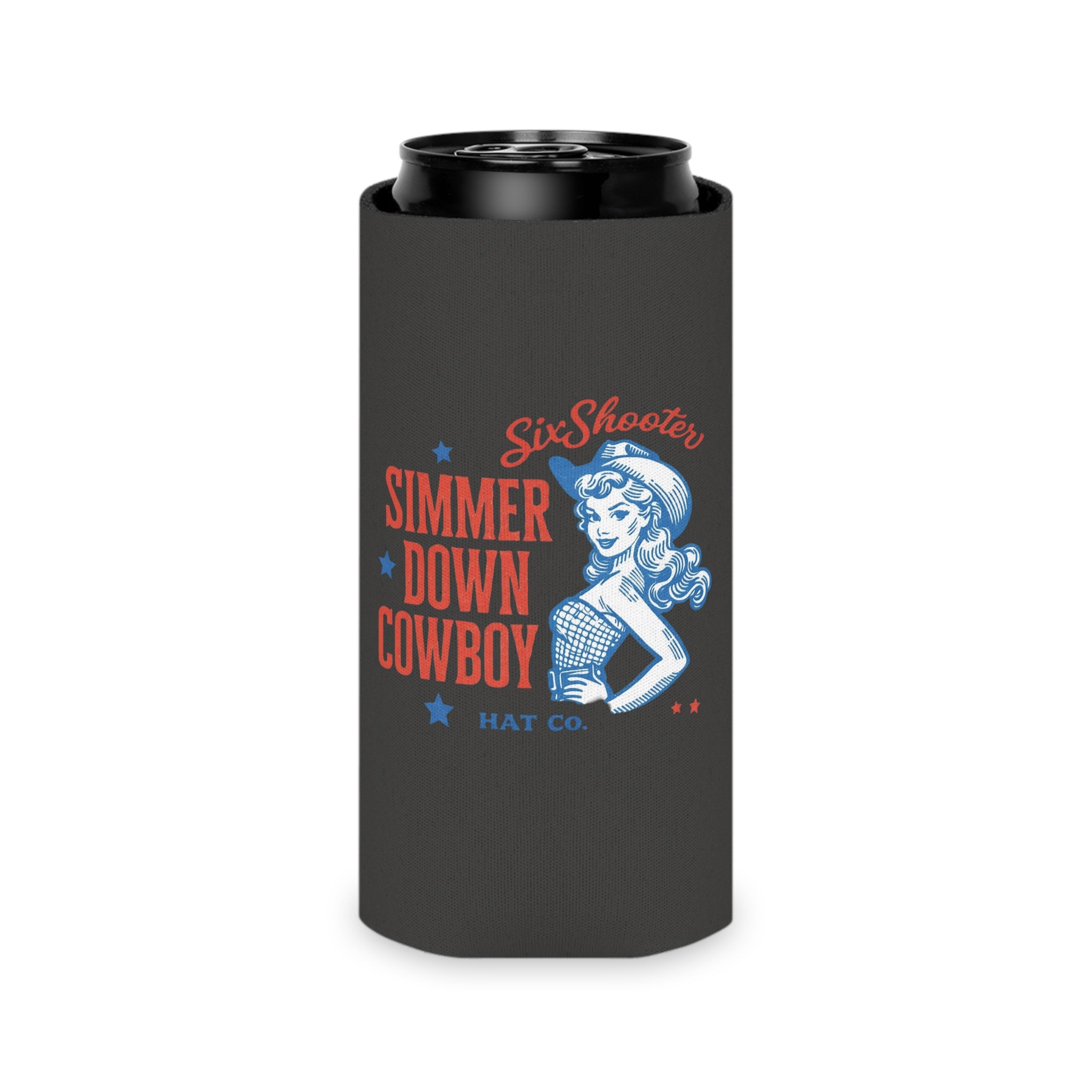 SixShooter "Simmer Down Cowboy" Retro Cowgirl Can Koozie