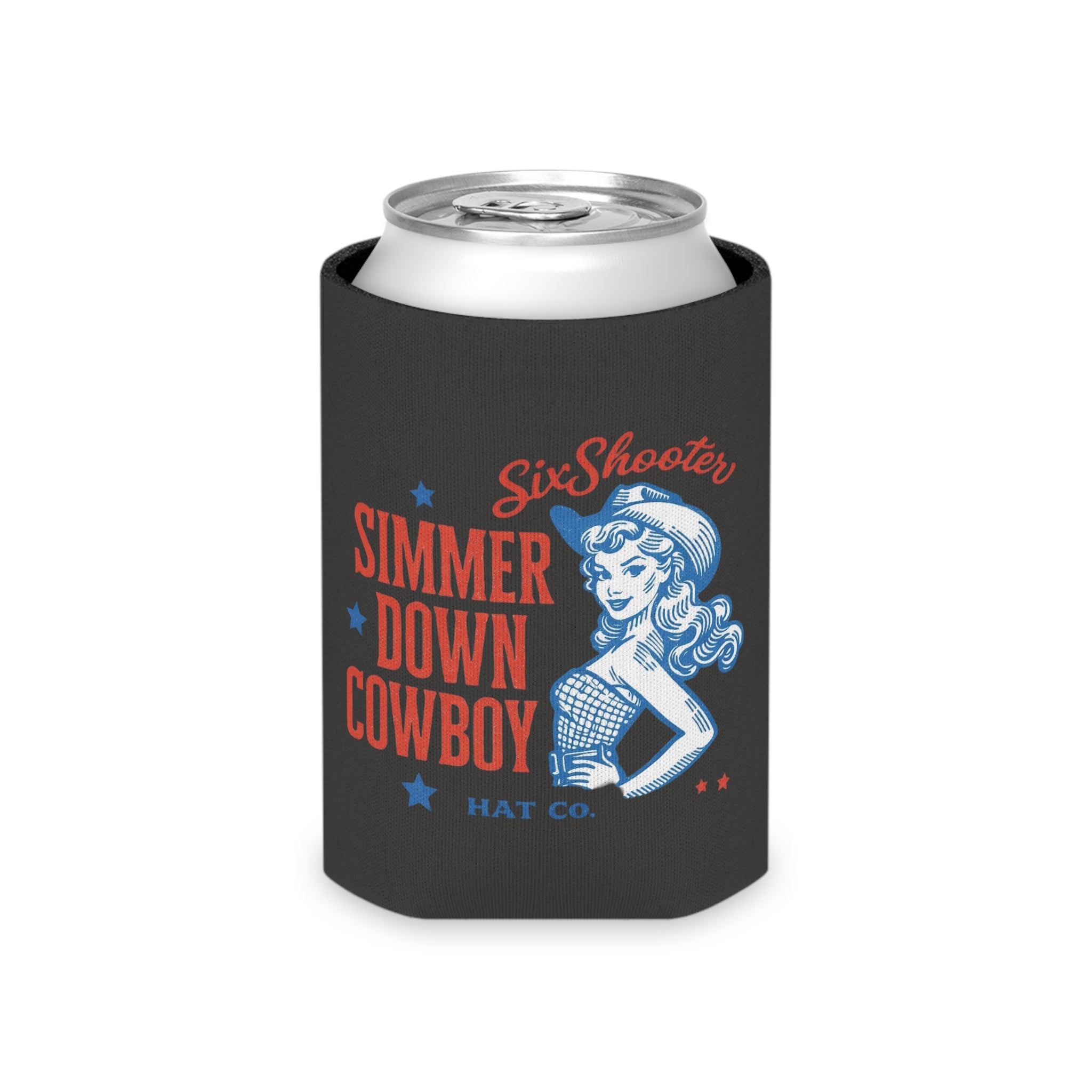 SixShooter "Simmer Down Cowboy" Retro Cowgirl Can Koozie